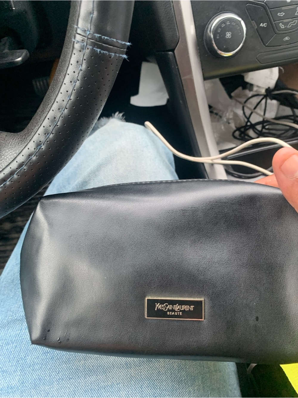 Yves Saint Laurent Black Leather Cosmetic Pouch with Gold Plaque